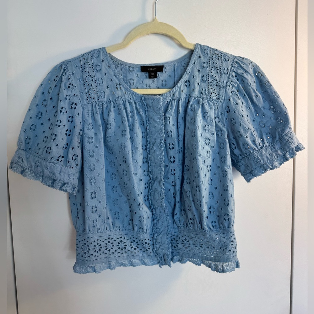 J. Crew Hydrangea color Eyelet Puff Sleeve Blouse - Picture 2 of 5